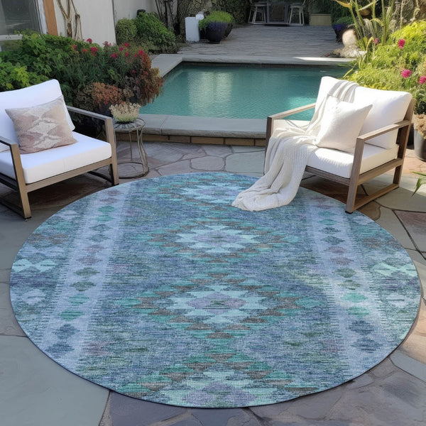 HomeRoots 5' Stylish Blue Geometric Washable Area Rug for Indoor & Outdoor Use - Durable, Easy Care, Versatile Design 8' Round 607436