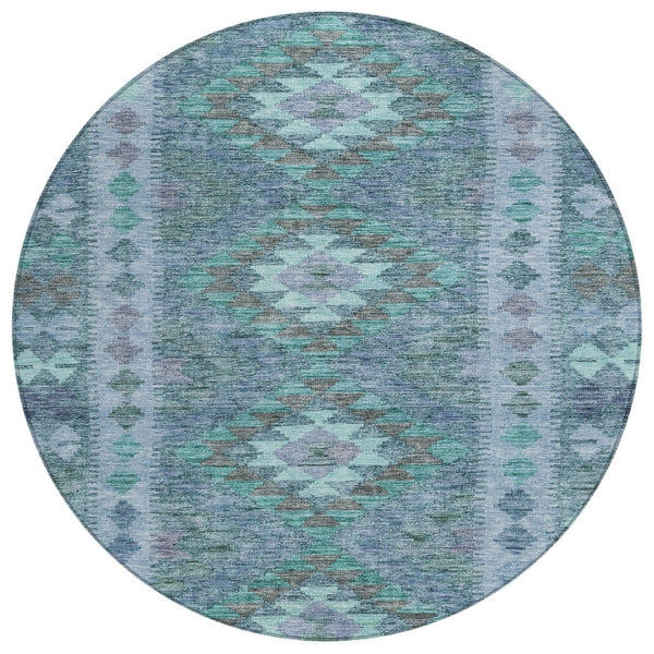 HomeRoots 5' Stylish Blue Geometric Washable Area Rug for Indoor & Outdoor Use - Durable, Easy Care, Versatile Design 8' Round 607436