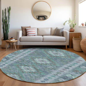 HomeRoots 5' Stylish Blue Geometric Washable Area Rug for Indoor & Outdoor Use - Durable, Easy Care, Versatile Design 8' Round 607436