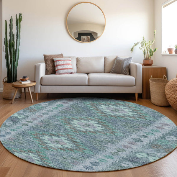 HomeRoots 5' Stylish Blue Geometric Washable Area Rug for Indoor & Outdoor Use - Durable, Easy Care, Versatile Design 8' Round 607436