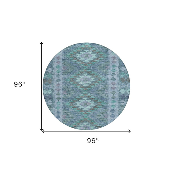 HomeRoots 5' Stylish Blue Geometric Washable Area Rug for Indoor & Outdoor Use - Durable, Easy Care, Versatile Design 8' Round 607436