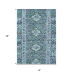 HomeRoots 5' Stylish Blue Geometric Washable Area Rug for Indoor & Outdoor Use - Durable, Easy Care, Versatile Design 10' X 14' 607439