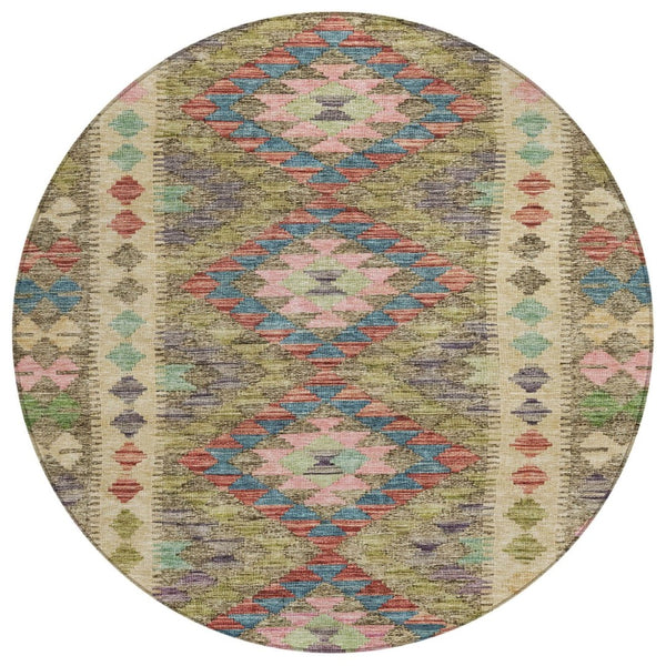 HomeRoots 5' Stylish Green Geometric Area Rug - Durable, Washable for Indoor & Outdoor Use, Perfect for High Traffic Areas 8' Round 607442