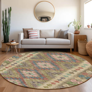 HomeRoots 5' Stylish Green Geometric Area Rug - Durable, Washable for Indoor & Outdoor Use, Perfect for High Traffic Areas 8' Round 607442