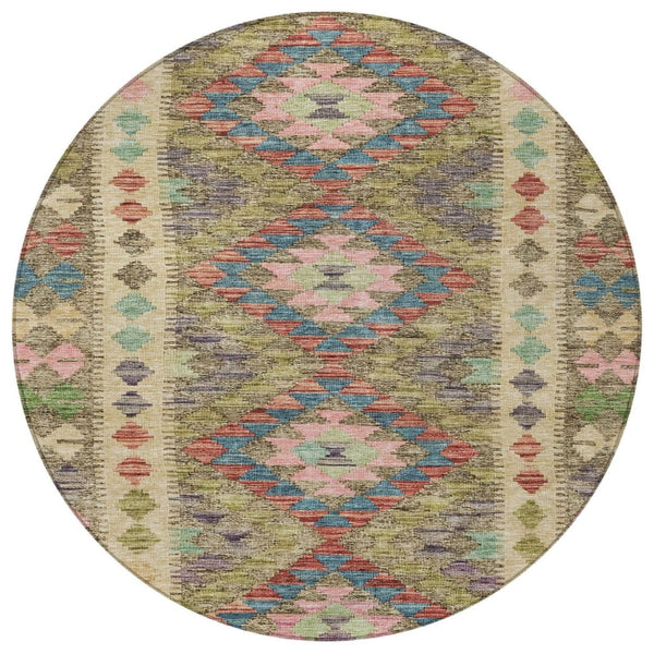 HomeRoots 5' Stylish Green Geometric Area Rug - Durable, Washable for Indoor & Outdoor Use, Perfect for High Traffic Areas 8' Round 607442