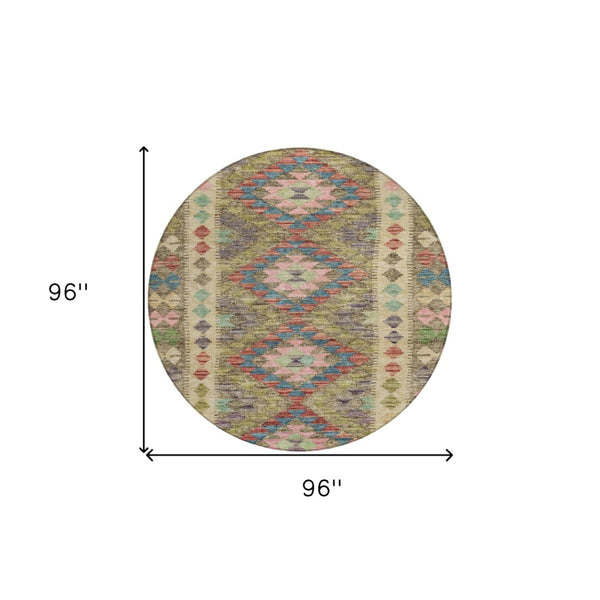 HomeRoots 5' Stylish Green Geometric Area Rug - Durable, Washable for Indoor & Outdoor Use, Perfect for High Traffic Areas 8' Round 607442