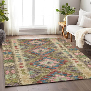 HomeRoots 5' Stylish Green Geometric Area Rug - Durable, Washable for Indoor & Outdoor Use, Perfect for High Traffic Areas 8' X 10' 607443