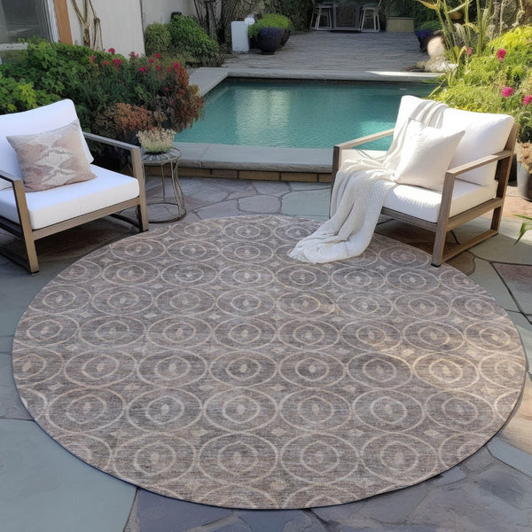 HomeRoots 5' Brown Geometric Area Rug - Washable, Durable, Stain-Resistant Design for Indoor and Outdoor Use 8' Round 607484