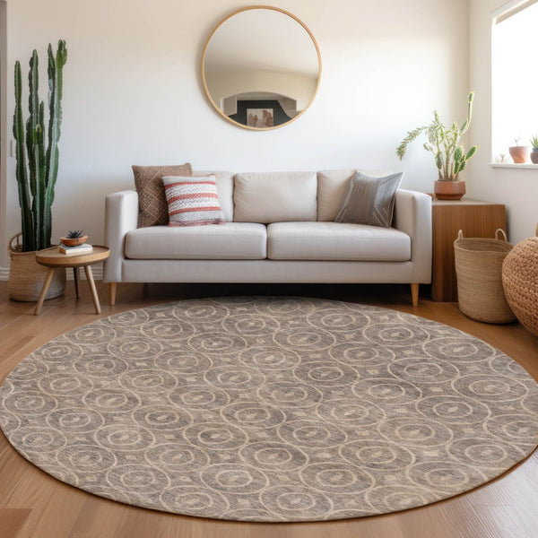 HomeRoots 5' Brown Geometric Area Rug - Washable, Durable, Stain-Resistant Design for Indoor and Outdoor Use 8' Round 607484