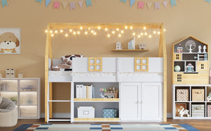 English Elm Twin-size Pine Low Loft Bed with House Canopy Step Stairs Storage Cabinet Led Lights N7090005032K