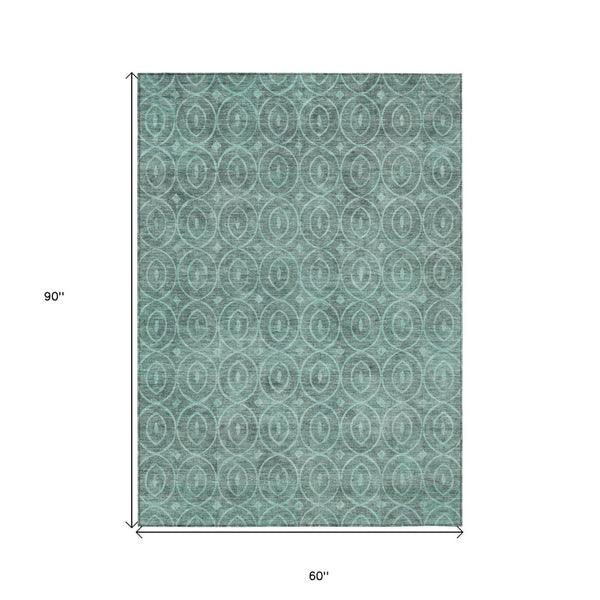 HomeRoots 5' Teal Blue Geometric Area Rug - Durable, Washable, Stylish for Indoor and Outdoor Spaces, Easy Care 5' X 8' 607507