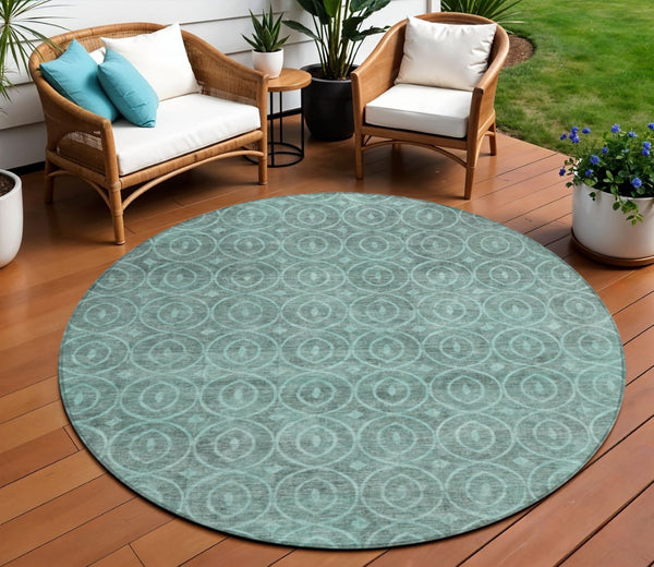 HomeRoots 5' Teal Blue Geometric Area Rug - Durable, Washable, Stylish for Indoor and Outdoor Spaces, Easy Care 8' Round 607508