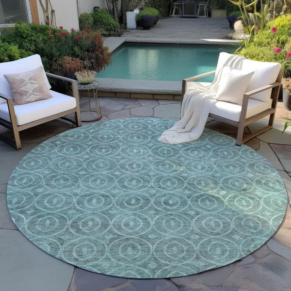 HomeRoots 5' Teal Blue Geometric Area Rug - Durable, Washable, Stylish for Indoor and Outdoor Spaces, Easy Care 8' Round 607508