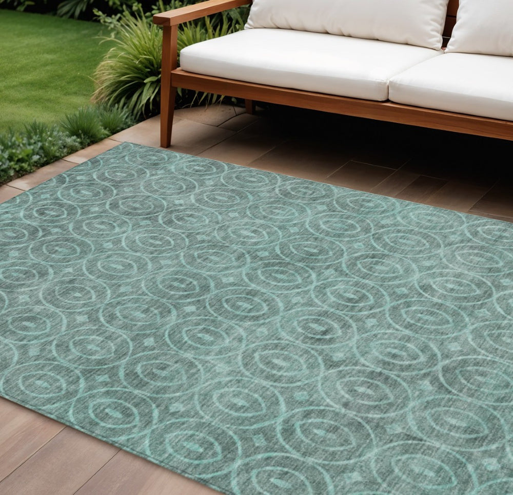 HomeRoots 5' Teal Blue Geometric Area Rug - Durable, Washable, Stylish for Indoor and Outdoor Spaces, Easy Care 10' X 14' 607511