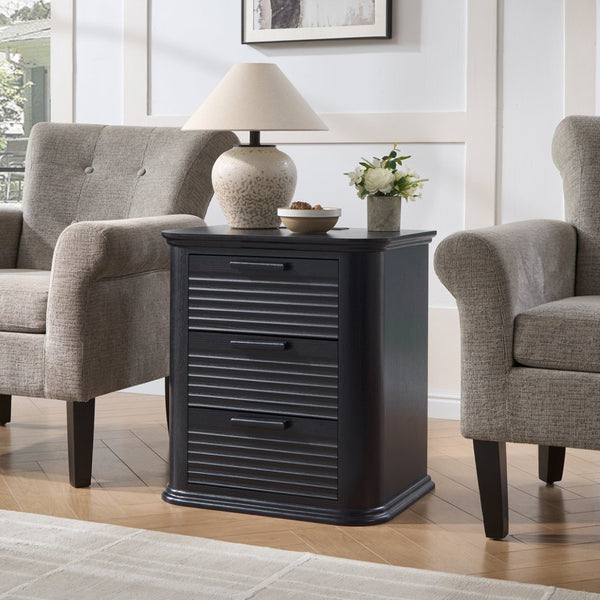 English Elm 22" Fluted Wood Nightstand with Built-in Charging Station Three Drawer Bedside Storage Black Woodgrain T5326P431147