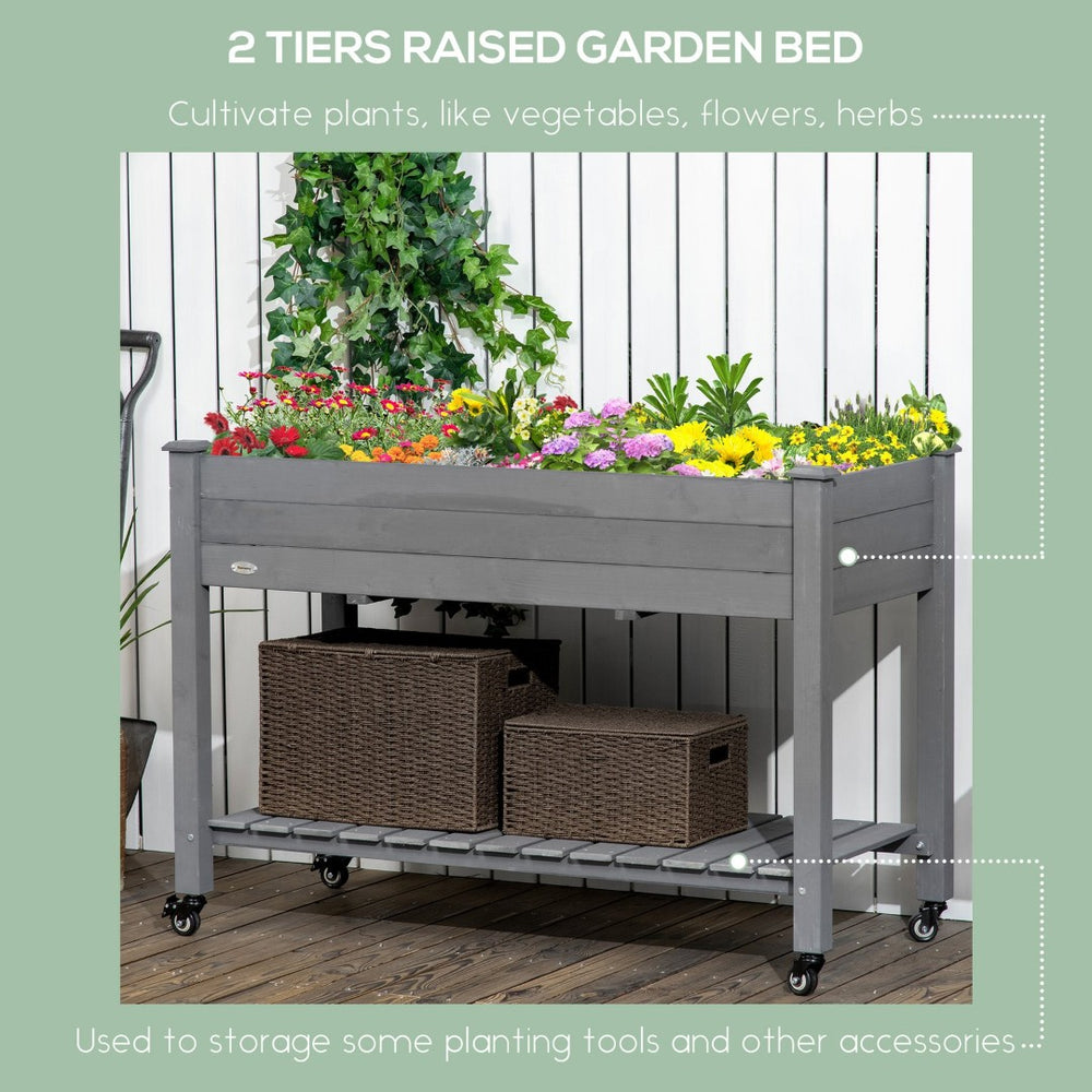 English Elm Outsunny Elevated Wooden Garden Bed With Lockable Wheels, Storage Shelf & Drainage For Easy Gardening W2225P174427-GIGA