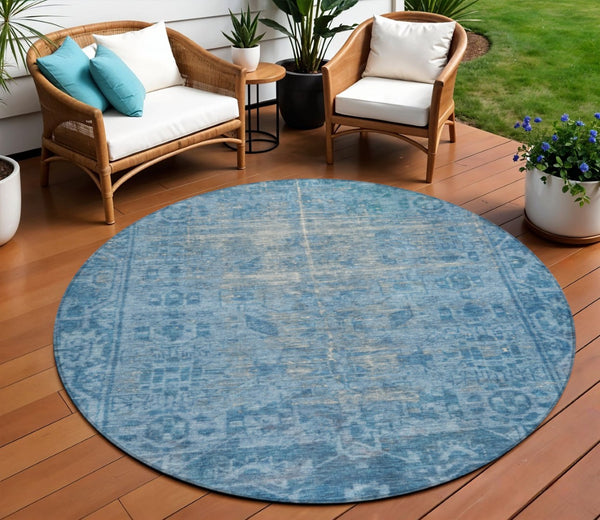 HomeRoots 5' Blue Oriental Washable Area Rug - Durable Indoor/Outdoor Charm for High-Traffic Spaces & Style 8' Round 607532