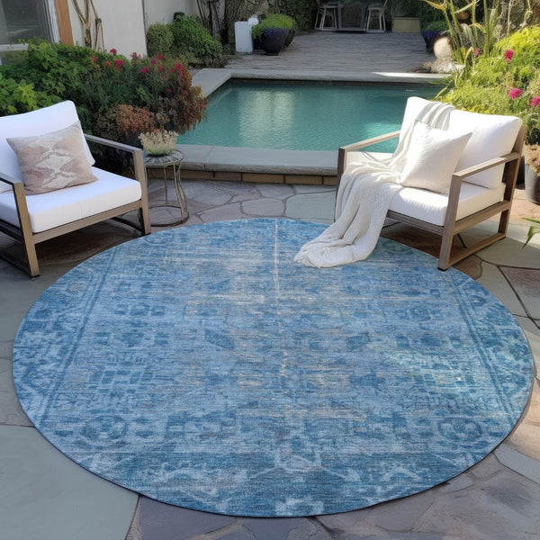 HomeRoots 5' Blue Oriental Washable Area Rug - Durable Indoor/Outdoor Charm for High-Traffic Spaces & Style 8' Round 607532