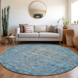 HomeRoots 5' Blue Oriental Washable Area Rug - Durable Indoor/Outdoor Charm for High-Traffic Spaces & Style 8' Round 607532