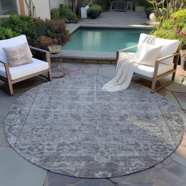 HomeRoots 5' Gray Oriental Area Rug - Washable, Durable for Indoor & Outdoor Use - Perfect for High-Traffic Spaces 8' Round 607544