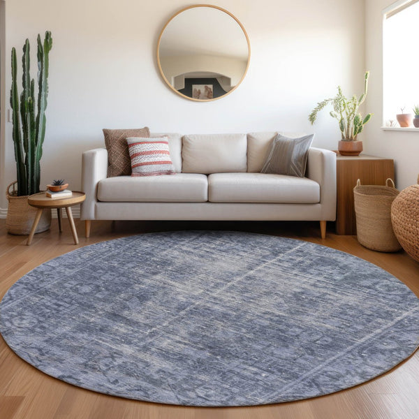 HomeRoots 5' Navy Blue Oriental Area Rug - Durable, Washable Design for Indoor & Outdoor Spaces, Stain-Resistant 8' Round 607562