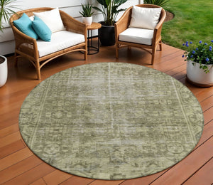 HomeRoots 5' Olive Green Oriental Area Rug – Durable, Washable & Stylish for Indoor/Outdoor Spaces 8' Round 607568