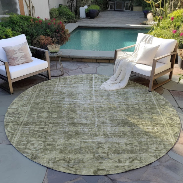 HomeRoots 5' Olive Green Oriental Area Rug – Durable, Washable & Stylish for Indoor/Outdoor Spaces 8' Round 607568