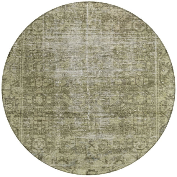 HomeRoots 5' Olive Green Oriental Area Rug – Durable, Washable & Stylish for Indoor/Outdoor Spaces 8' Round 607568