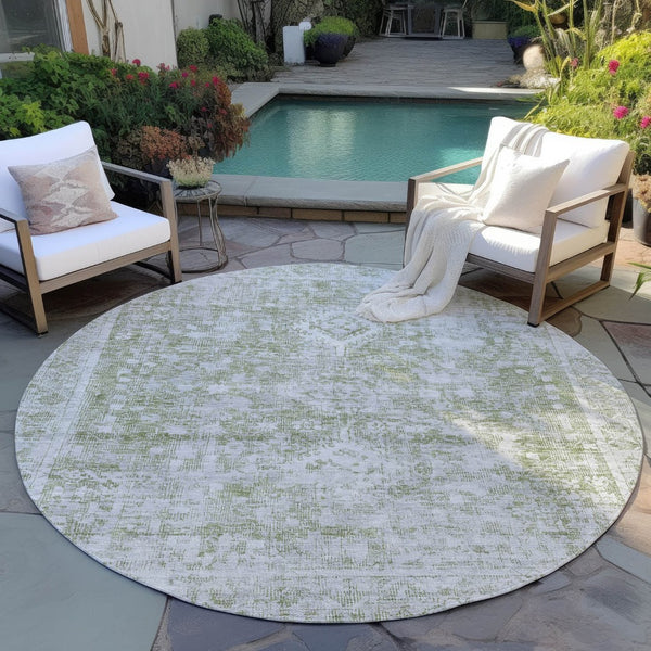 HomeRoots 5' Artichoke Green Oriental Area Rug - Stylish, Washable, Durable for Indoor & Outdoor Spaces 8' Round 607586