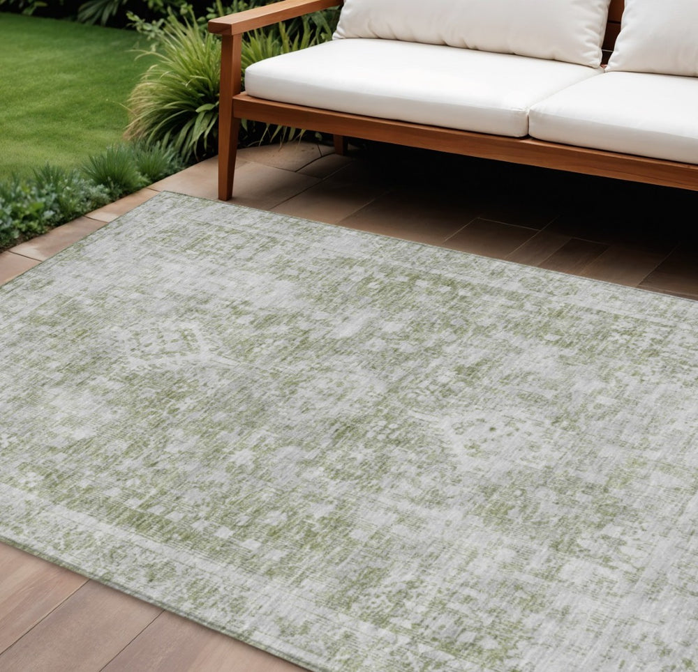 HomeRoots 5' Artichoke Green Oriental Area Rug - Stylish, Washable, Durable for Indoor & Outdoor Spaces 10' X 14' 607589