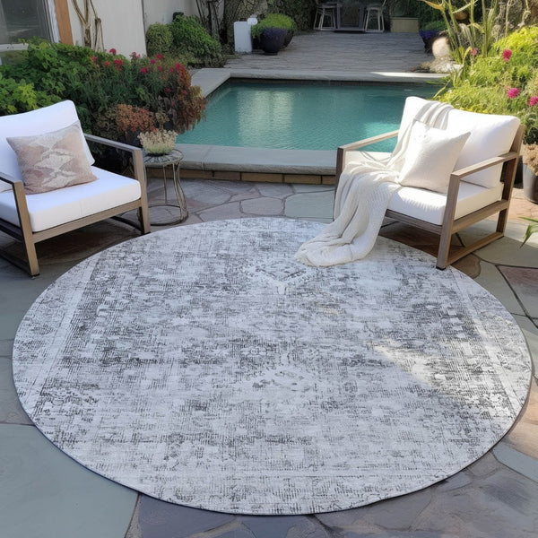 HomeRoots 5' Charcoal Oriental Area Rug - Durable, Washable Indoor & Outdoor Rug for High-Traffic Spaces 8' Round 607592