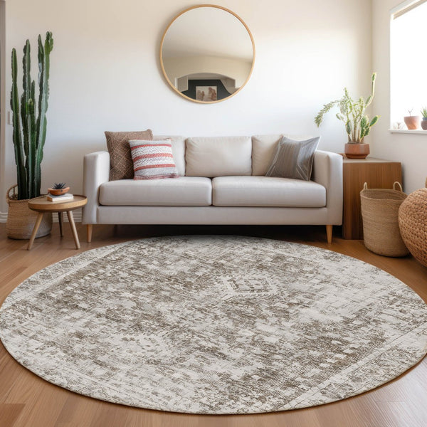HomeRoots 5' Chocolate Oriental Area Rug - Versatile Indoor Outdoor Design, Stain Resistant & Easy Care 8' Round 607598