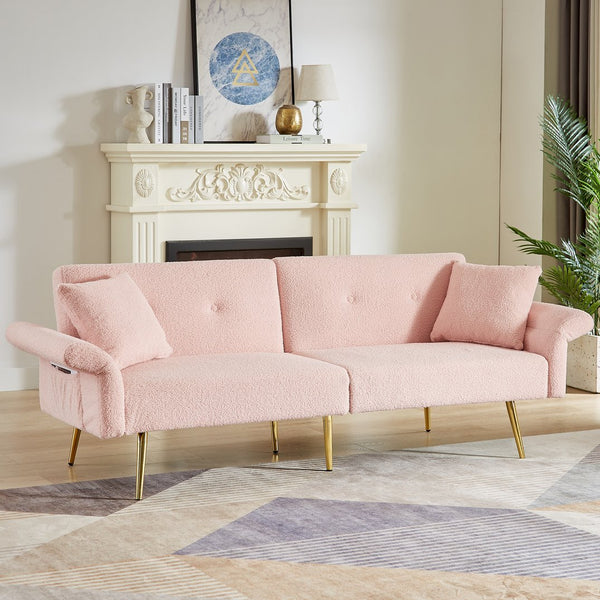 English Elm Modern Teddy Upholstered Loveseat Sofa Bed with Adjustable Backrest, Foldable Armrests & Gold Legs Pink W1117P303443