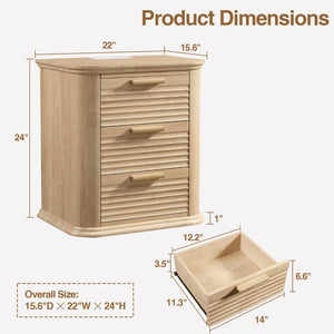 English Elm 22" Fluted Wood Nightstand with Built-in Charging Station Three Drawer Bedside Storage Oak T5326P431150