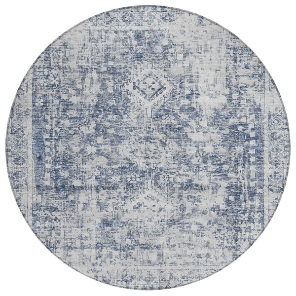 HomeRoots 5' Navy Blue Oriental Area Rug - Durable, Washable, and Stain-Resistant for Indoor & Outdoor Use 8' Round 607610