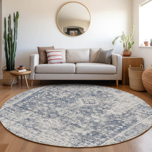 HomeRoots 5' Navy Blue Oriental Area Rug - Durable, Washable, and Stain-Resistant for Indoor & Outdoor Use 8' Round 607610