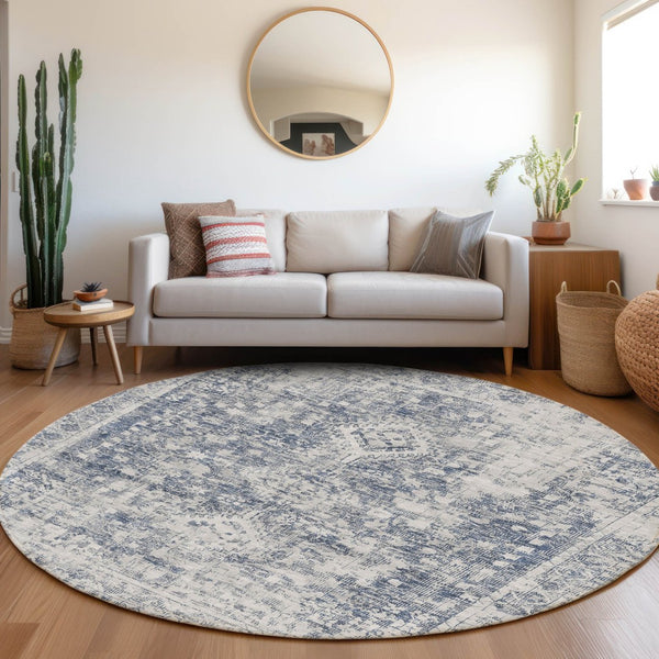 HomeRoots 5' Navy Blue Oriental Area Rug - Durable, Washable, and Stain-Resistant for Indoor & Outdoor Use 8' Round 607610