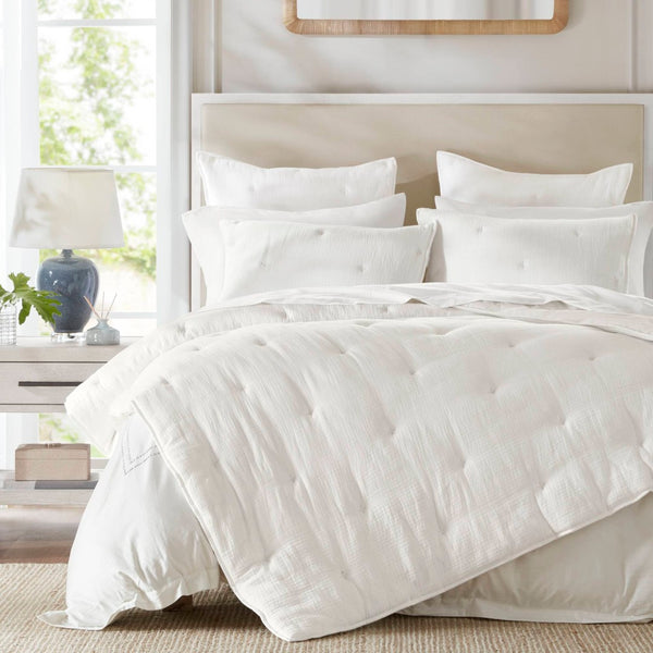 English Elm 3-piece Cotton Muslin Quilt Set Crinkled Texture Embroidered Tacking Breathable Bedding White B035P408347