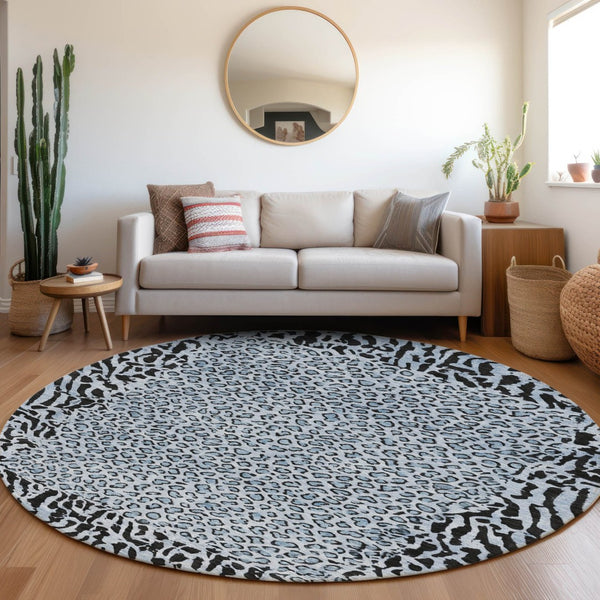 HomeRoots 5' Blue Animal Print Washable Area Rug - Stylish, Durable Accent for Indoor and Outdoor Spaces 8' Round 607640