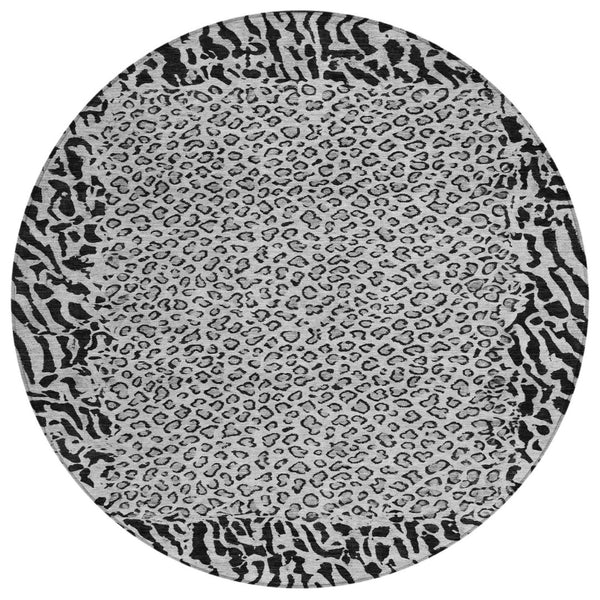 HomeRoots 5' Gray Animal Print Washable Area Rug - Stylish, Durable, and Easy-Clean for Indoor/Outdoor Use 8' Round 607652