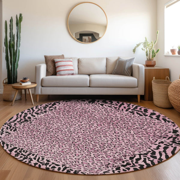 HomeRoots 5' Pink Animal Print Rug - Stylish Washable Indoor/Outdoor Area Rug for Modern Homes & Patios 8' Round 607658