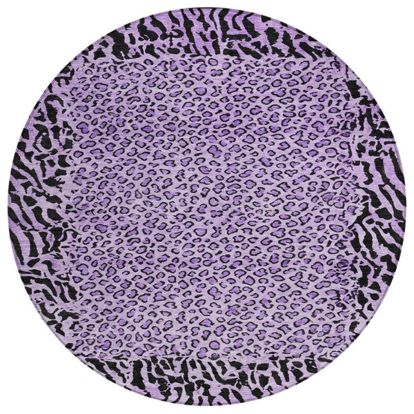 HomeRoots 5' Eye-Catching Purple Animal Print Area Rug - Durable, Washable, Indoor/Outdoor Versatility for Any Space 8' Round 607664