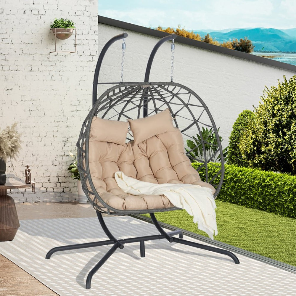 English Elm Double Hanging Wicker Egg Chair with Iron Stand Outdoor Uv Resistant 600 Lb Patio Swing W874P270569