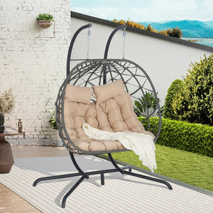 English Elm Double Hanging Wicker Egg Chair with Iron Stand Outdoor Uv Resistant 600 Lb Patio Swing W874P270569