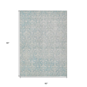 HomeRoots 5' Aqua Damask Indoor Outdoor Area Rug - Stylish, Durable, Washable, Perfect for Any Space! 5' X 8' 607675