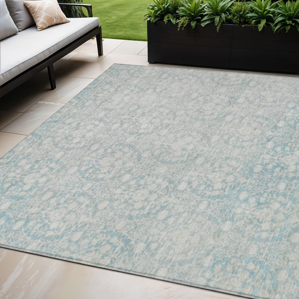 HomeRoots 5' Aqua Damask Indoor Outdoor Area Rug - Stylish, Durable, Washable, Perfect for Any Space! 5' X 8' 607675