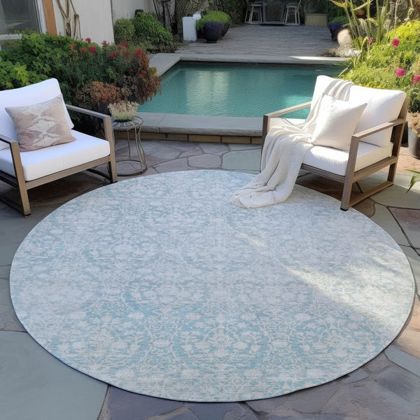 HomeRoots 5' Aqua Damask Indoor Outdoor Area Rug - Stylish, Durable, Washable, Perfect for Any Space! 8' Round 607676