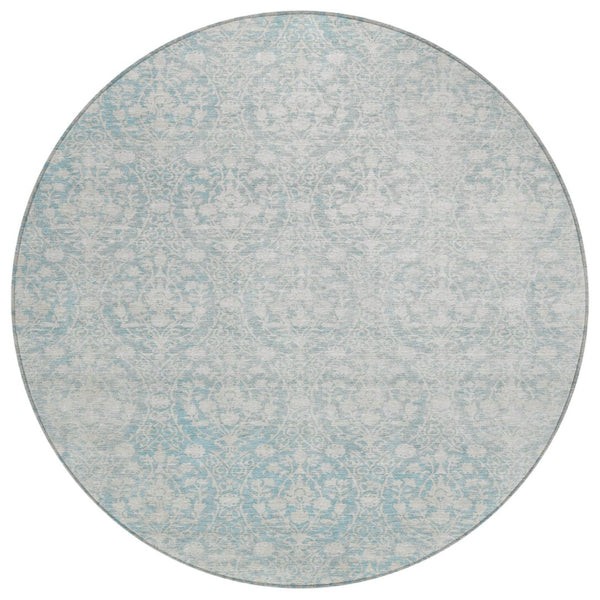 HomeRoots 5' Aqua Damask Indoor Outdoor Area Rug - Stylish, Durable, Washable, Perfect for Any Space! 8' Round 607676