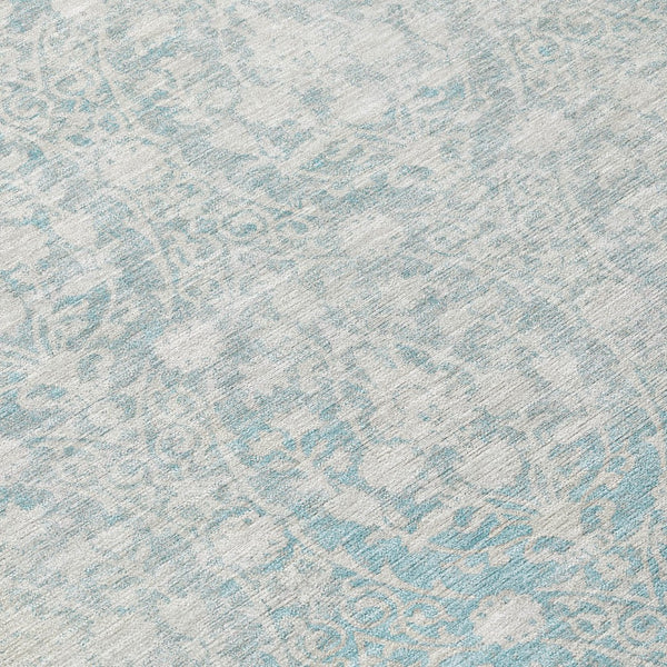 HomeRoots 5' Aqua Damask Indoor Outdoor Area Rug - Stylish, Durable, Washable, Perfect for Any Space! 8' Round 607676