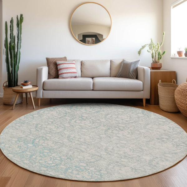 HomeRoots 5' Aqua Damask Indoor Outdoor Area Rug - Stylish, Durable, Washable, Perfect for Any Space! 8' Round 607676